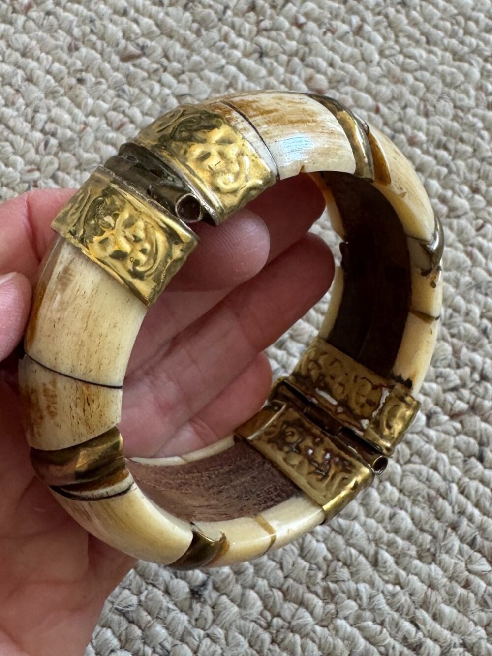 Vintage Bone Brass Wood Bangle Bracelet with Hinge and Pin Latch - Picture 8 of 8